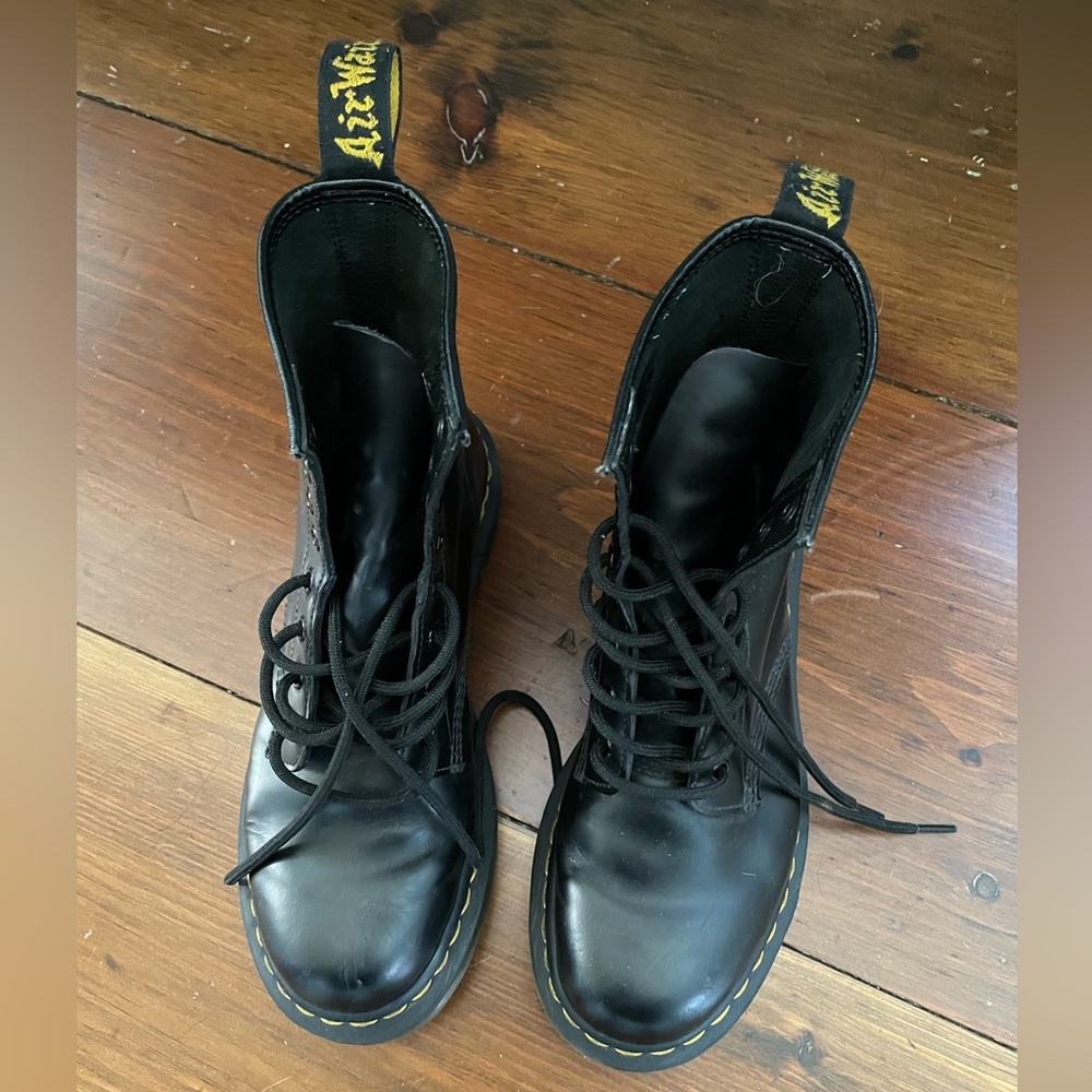 Dr. Martens Black Leather Combat Boots with Yellow Stitching - Picture 11 of 15